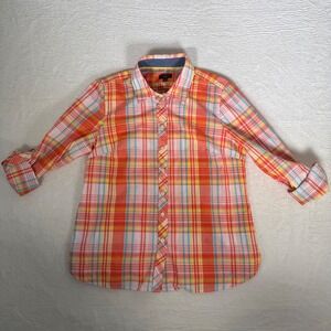 Talbots Petites MP Orange Plaid Cotton Button Down Shirt Preppy Nautical Vibrant